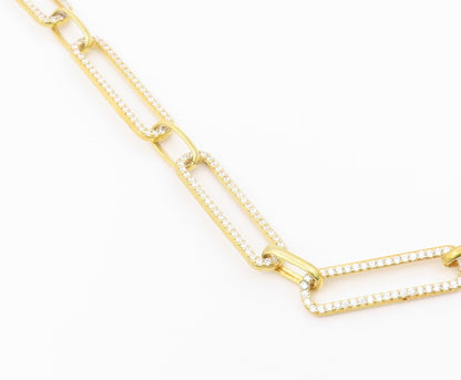 925 Sterling Silver Vintage Necklace Gold Plated CZ Paperclip Link Chain  NE4930