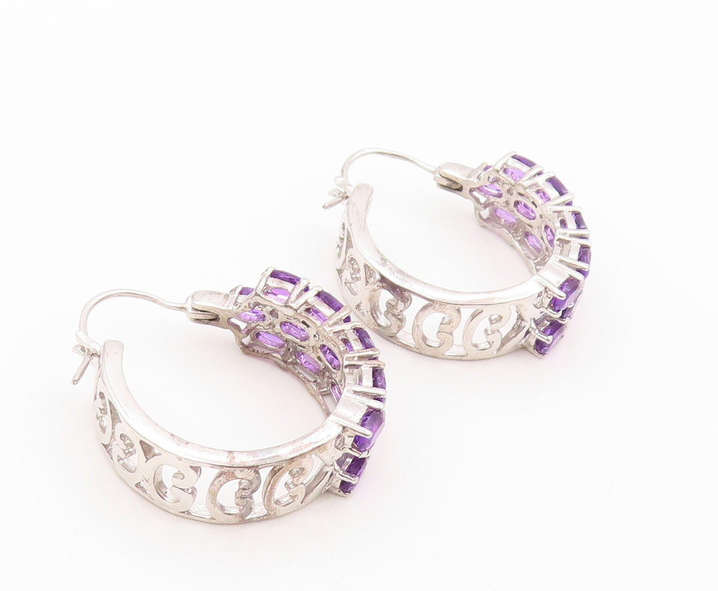 925 Sterling Silver Vintage Earrings Oval Amethyst Inlay Carved Hoops  EG13401