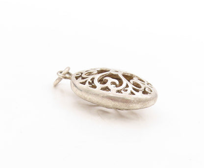 925 Sterling Silver Vintage Pendant Solid Oval Swirly Hearts Cutout  PT23672