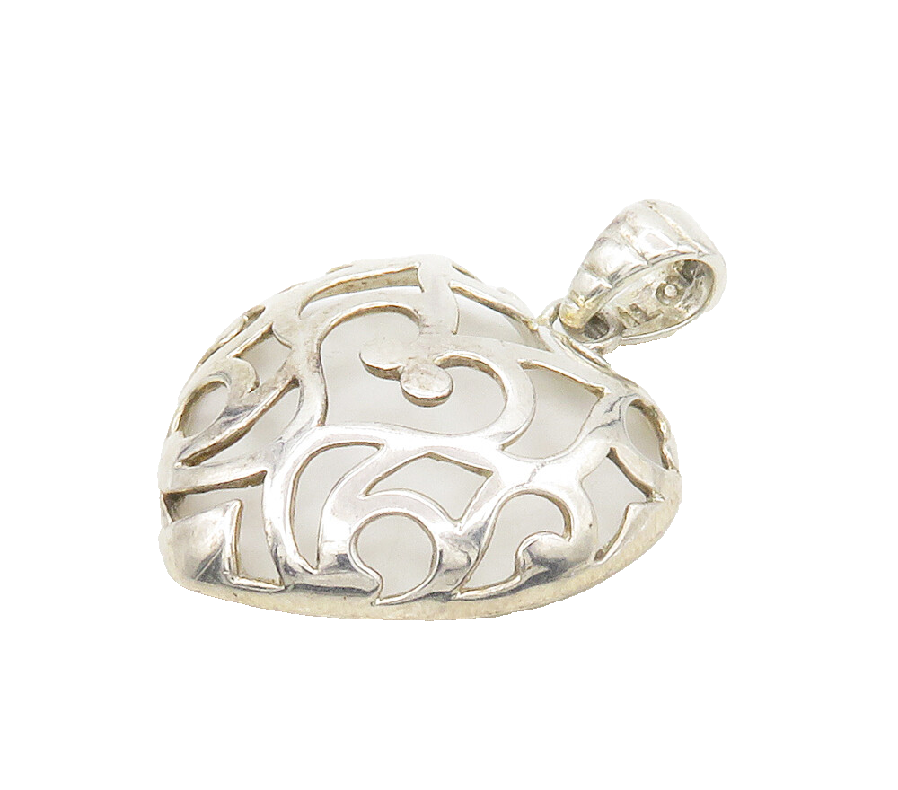 925 Sterling Silver  Vintage Shiny Open Swirl Love Heart Dome Pendant  PT12851