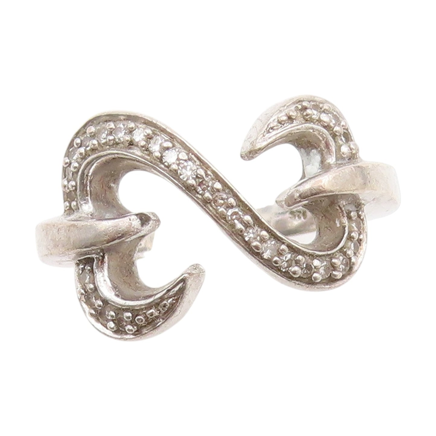925 Sterling Silver Vintage Ring Real Diamonds Love Heart Knot  Sz 6.5  RG33735