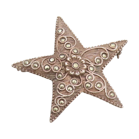 925 Sterling Silver Vintage Brooch Marcasite Floral Scrollwork Star Pin  BP12090