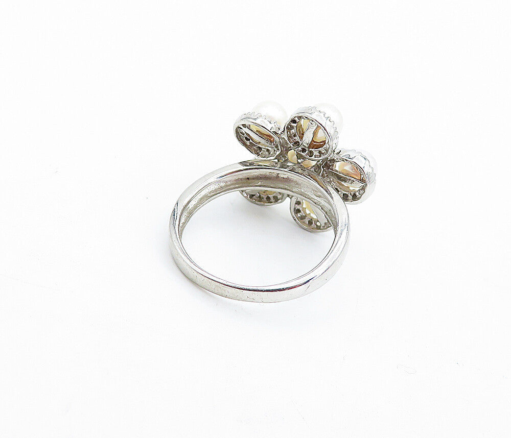 925 Sterling Silver  Freshwater Pearls Style Floral Cocktail Ring Sz 8  RG4114