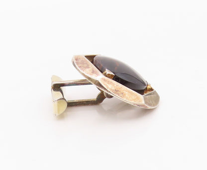 925 Sterling Silver  Vintage Brown Agate Shiny Hexagon Cuff Links  TR1827