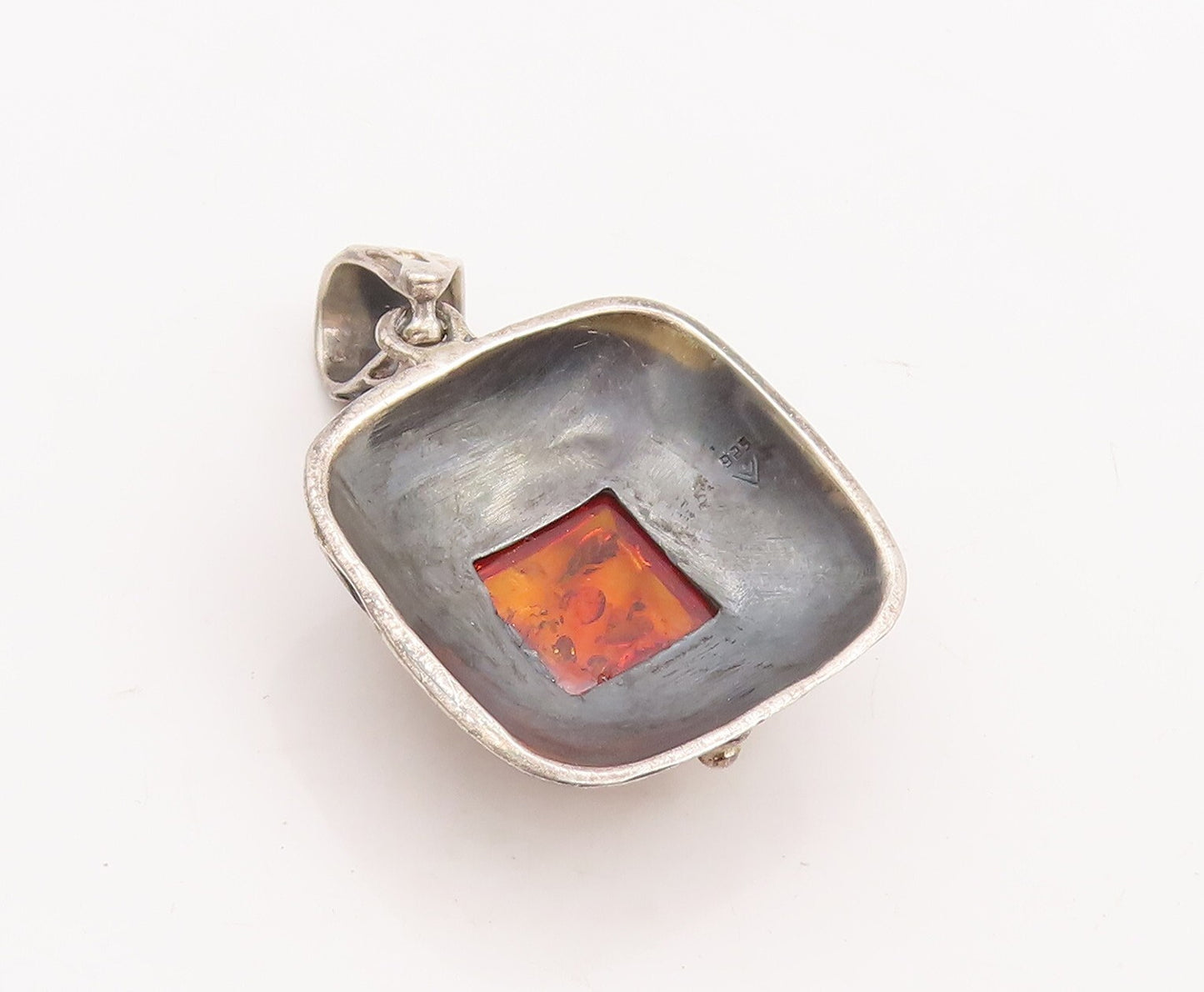 925 Sterling Silver Vintage Pendant Swirly Carved Square Shape Amber  PT23395