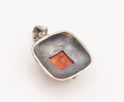 925 Sterling Silver Vintage Pendant Swirly Carved Square Shape Amber  PT23395