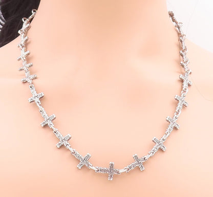 925 Sterling Silver Vintage Necklace Religious Swirly Carved Cross Linked NE4271