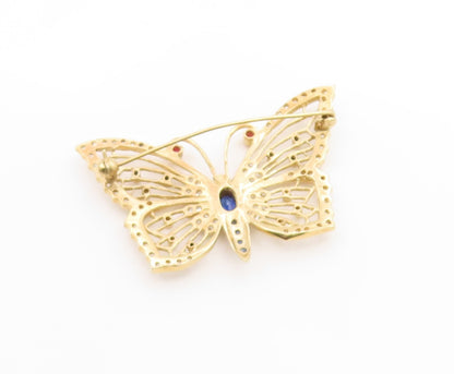 925 Sterling Silver Vintage Brooch Pin Gold Plated Sapphire Butterfly  BP12273