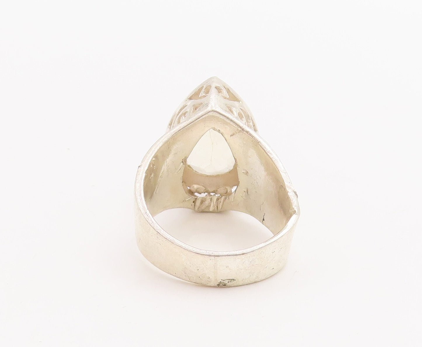 925 Sterling Silver Vintage Ring Swirly Cutout Large Drop Cut Topaz Sz 6 RG28687