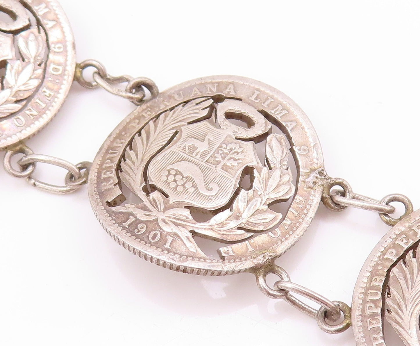 925 Sterling Silver Vintage Bracelet Antique Royal Peruana Coins   BT11264
