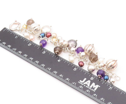 925 Sterling Silver Vintage Bracelet Designer Pearls Amethyst Gemstones  BT11155