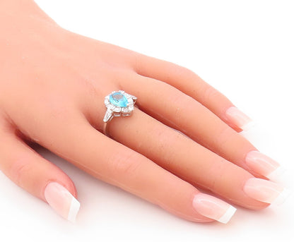 925 Sterling Silver Vintage Ring Drop Cut Blue Topaz Halo CZ  Sz 7  RG29649