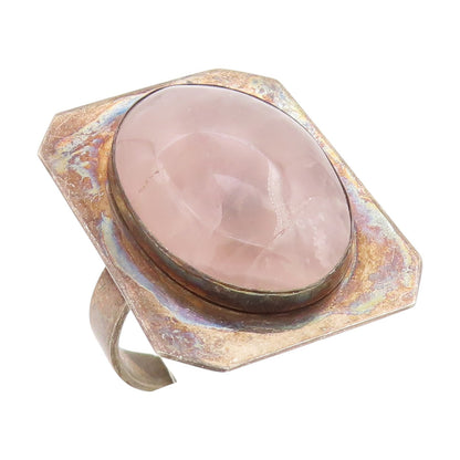 925 Sterling Silver Vintage Ring Large Cabochon Rose Quartz Band Sz 11.5 RG33812
