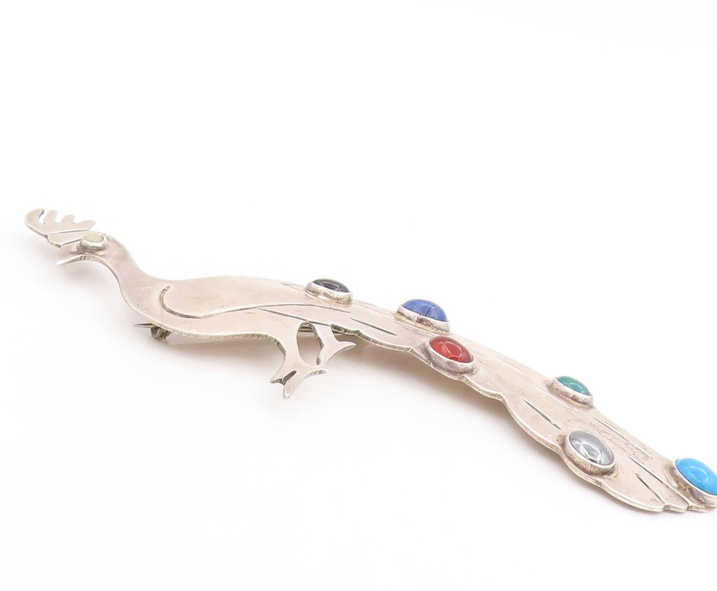 925 Sterling Silver Vintage Brooch Pin MEXICO Multi Gemstone Peacock  BP12262