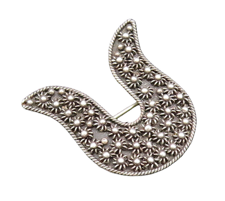 925 Silver  Vintage Twisted Rope Border Floral Beaded Curved Brooch Pin BP9825