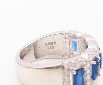 925 Sterling Silver Vintage Ring Rectangle Cut Sapphire Halo CZ  Sz 7.5  RG30237