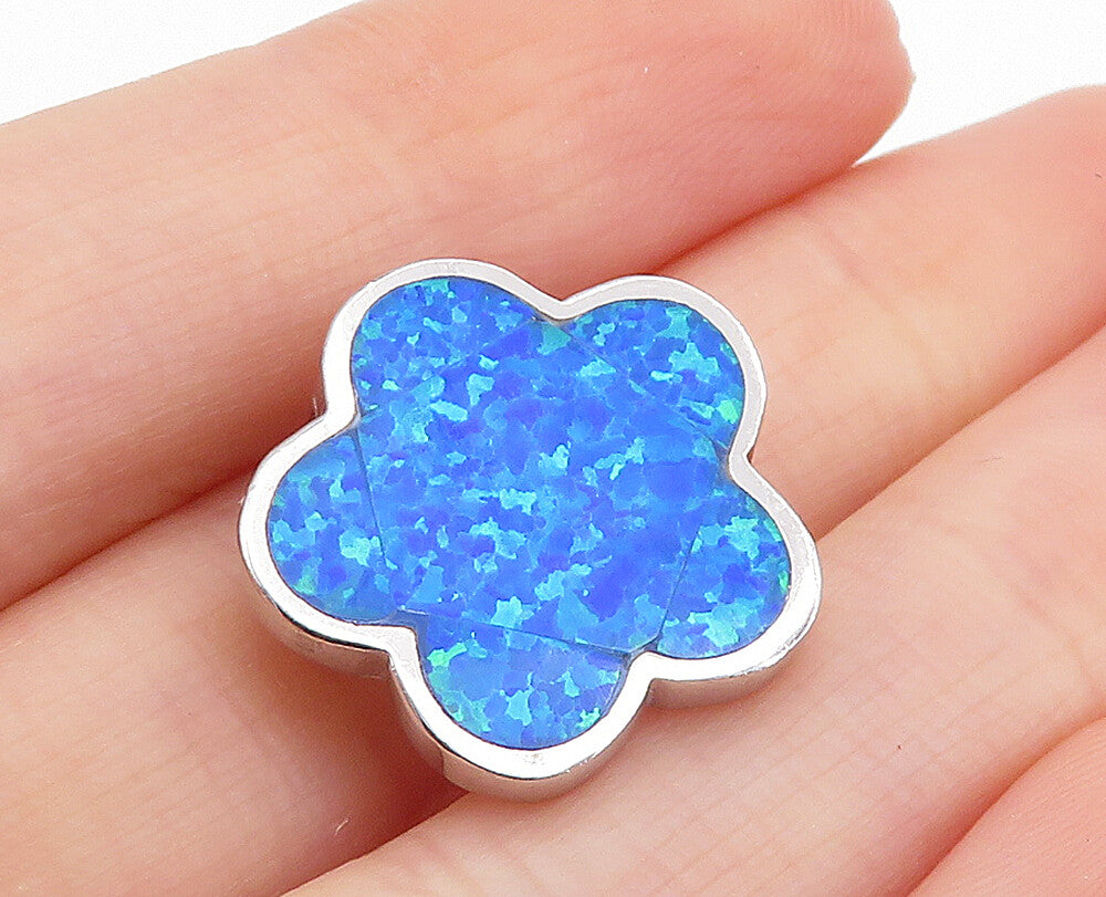 925 Sterling Silver  Petite Shiny Inlaid Blue Fire Flower Motif Pendant PT5564