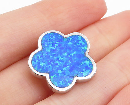 925 Sterling Silver  Petite Shiny Inlaid Blue Fire Flower Motif Pendant PT5564