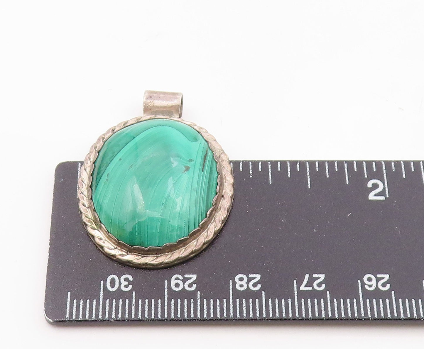 NAVAJO 925 Sterling Silver   Vintage Cabochon Cut Malachite Pendant  PT13809