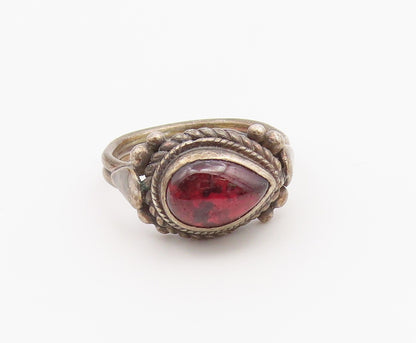 925 Sterling Silver Vintage Ring Teardrop Garnet Statement Band  Sz 6  RG36806