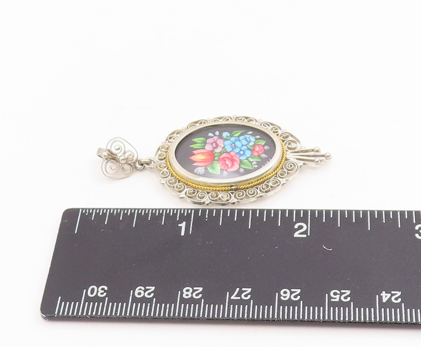 925 Sterling Silver Vintage Pendant Oval Enamel Filigree Flower Bouquet  PT25723