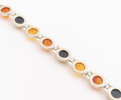 925 Sterling Silver Vintage Bracelet Round Honey Amber Hinged Links  BT10667
