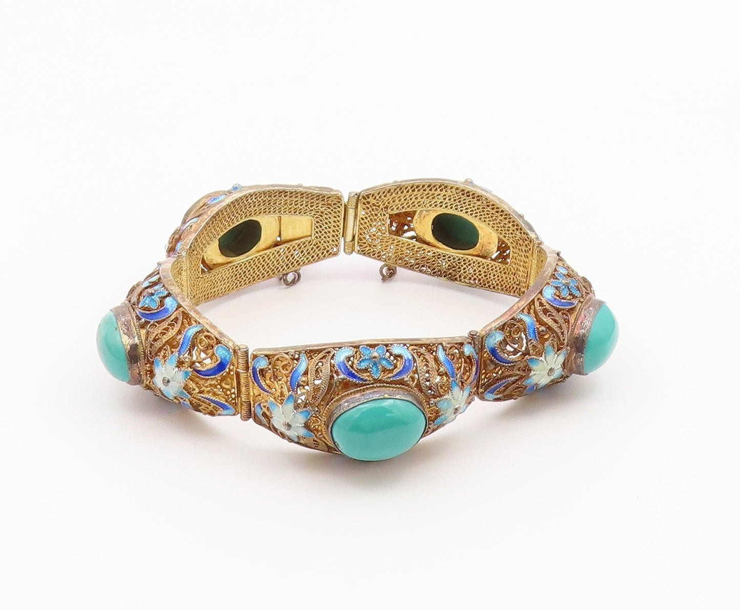 925 Sterling Silver Vintage Bracelet CHINESE EXPORT Turquoise Filigree  BT12192