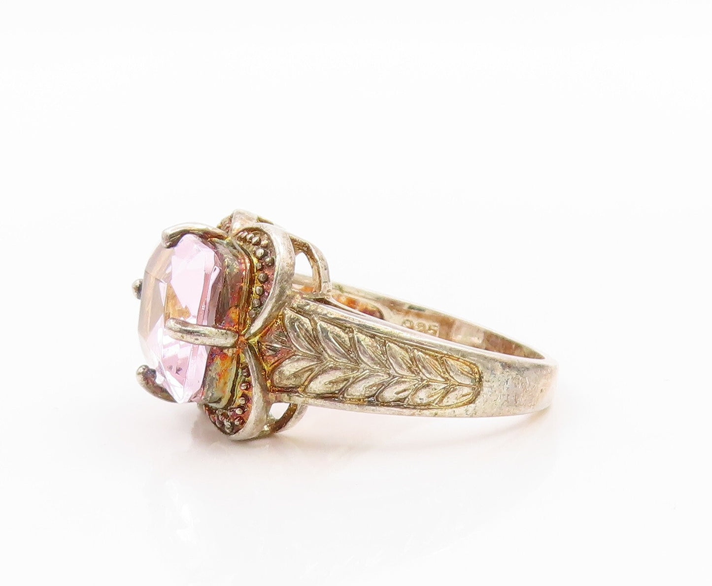 925 Sterling Silver Vintage Ring Carved Rectangle Cut Pink CZ  Sz 7  RG31835