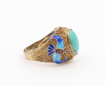 925 Sterling Silver Vintage Ring CHINESE EXPORT Turquoise Filigree Sz 8 RG36599