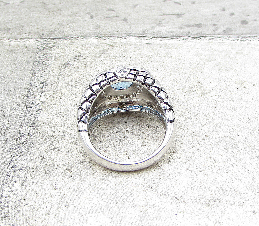 925 Silver  Blue Topaz & White Cubic Zirconia Cocktail Ring Sz 6  RG1584