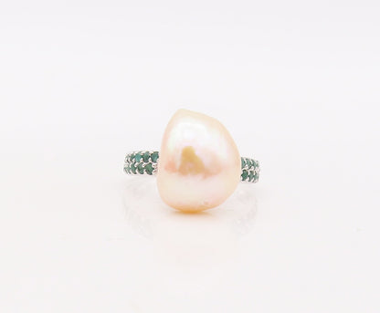 925 Sterling Silver Vintage Ring Amorphas Pearl Emerald Inlay Band Sz 8  RG29915