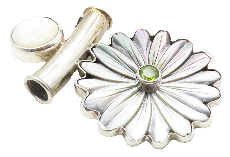 OBSIDIAN 925 Sterling Silver  Vintage Mother Of Pearl Floral Pendant  PT7941