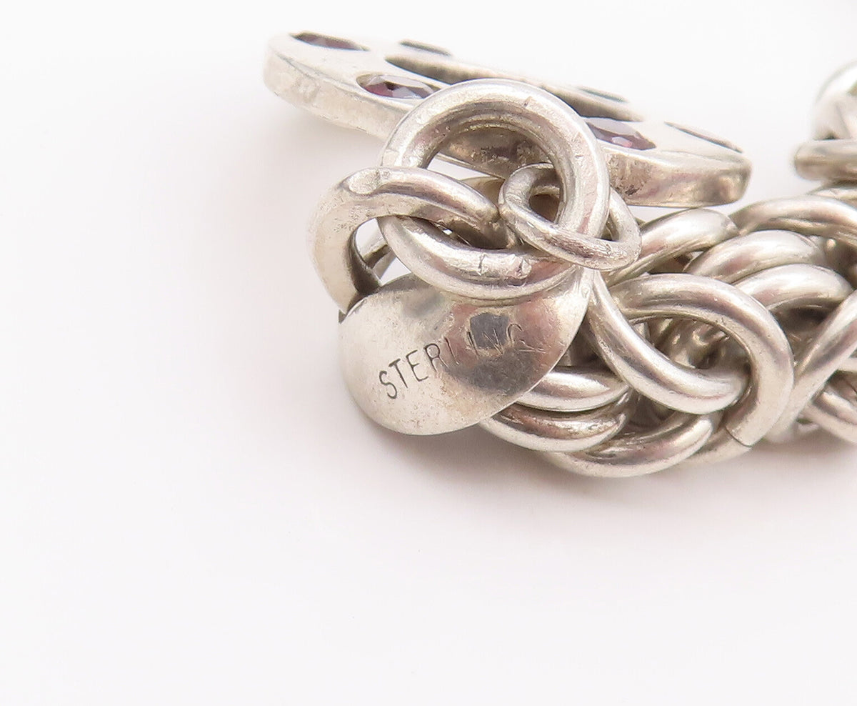 925 Sterling Silver Vintage Bracelet Byzantine Chain Garnet Toggle Lock  BT10508