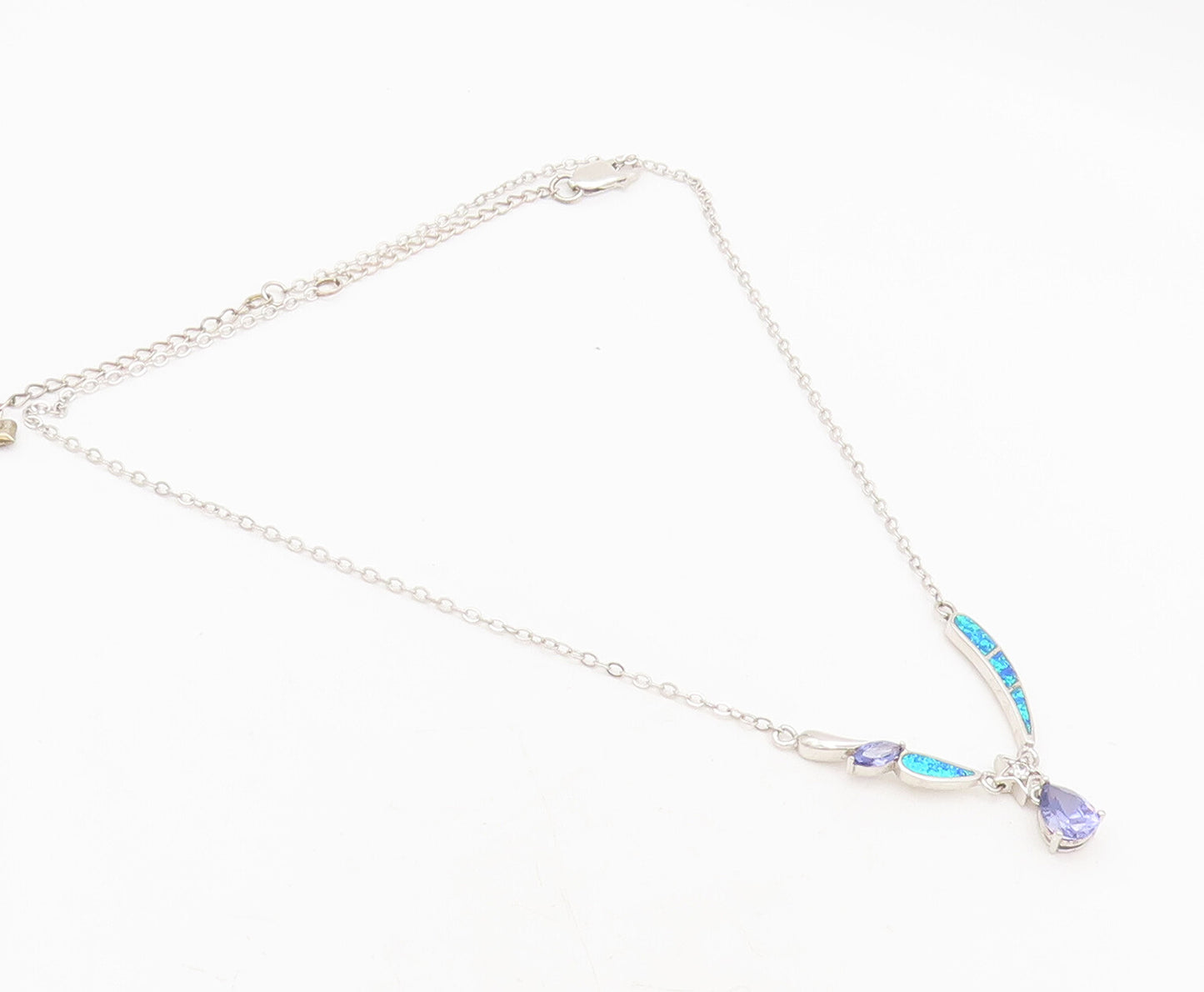 925 Silver  Vintage Water Drop Inlay Fire Opal Star Purple CZ Necklace  NE4217