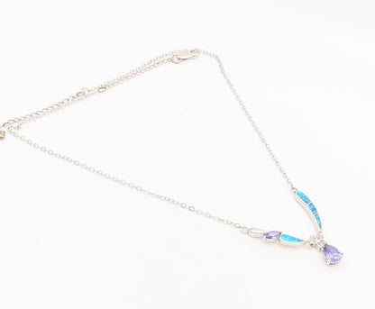 925 Silver  Vintage Water Drop Inlay Fire Opal Star Purple CZ Necklace  NE4217
