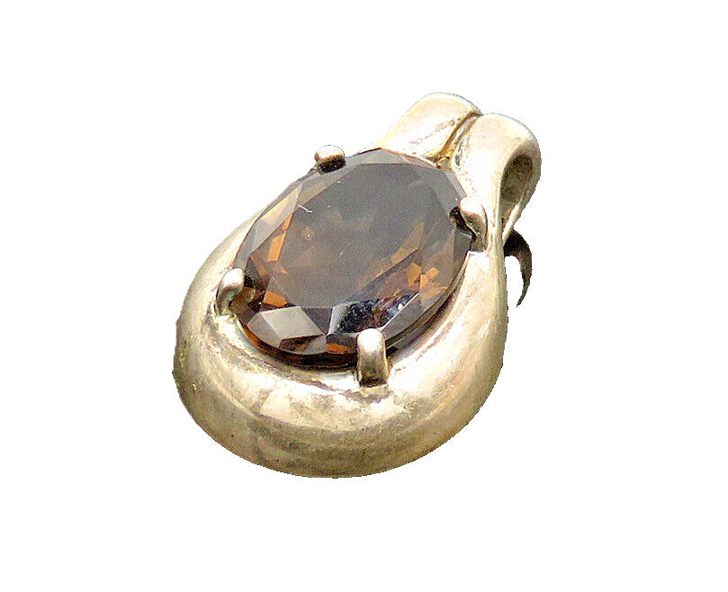 925 Sterling Silver  Vintage Prong Set Faceted Smoky Topaz Pendant  PT16874