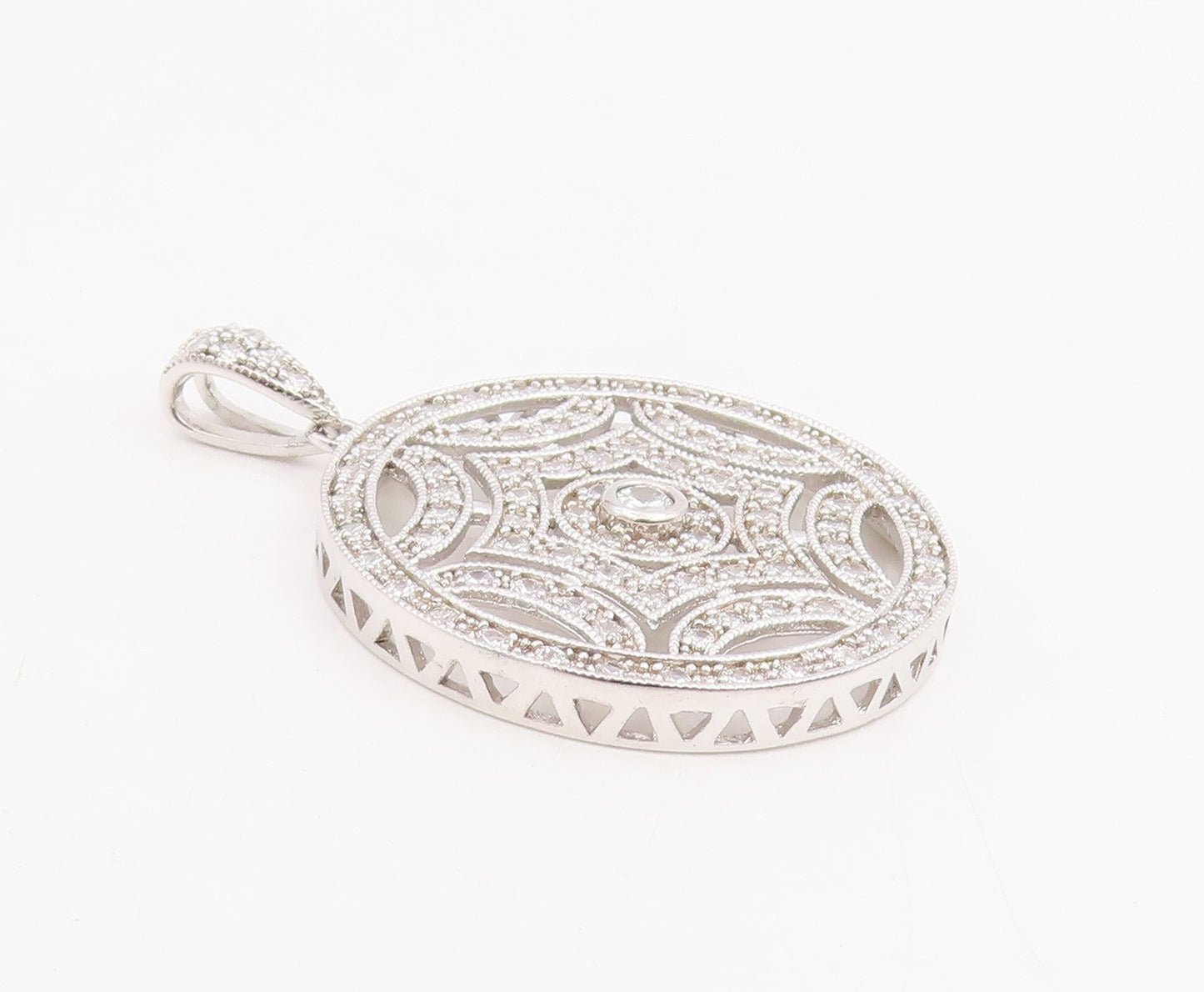 925 Sterling Silver Vintage Pendant CZ Openwork Geometric Medallion  PT25874