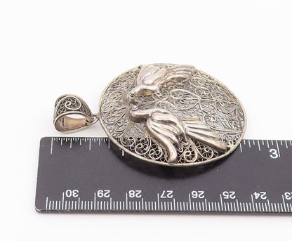 925 Sterling Silver Vintage Pendant Openwork Filigree Lovebirds Medal  PT26447