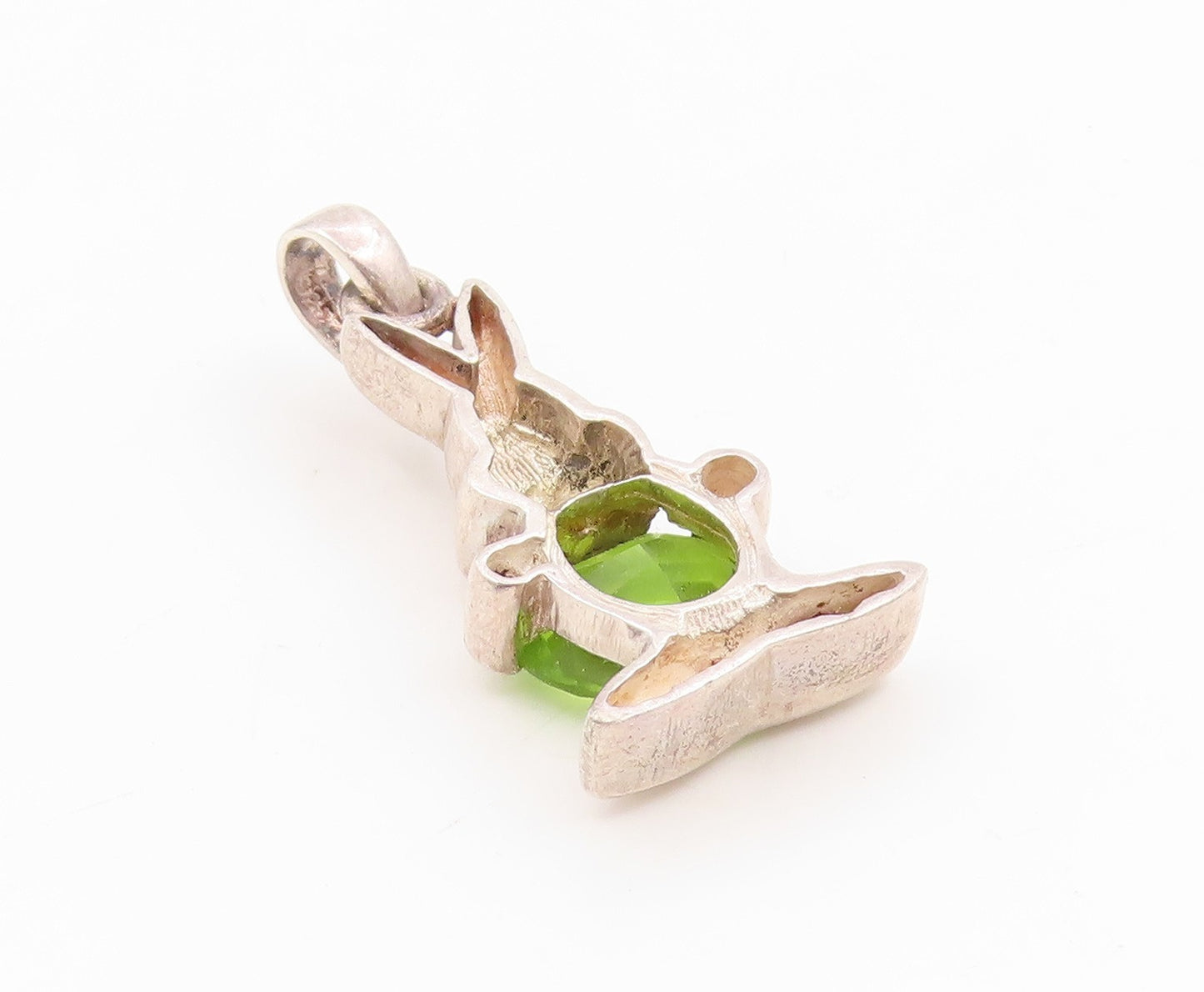 925 Sterling Silver Vintage Pendant Heart Shaped Peridot Bunny Charm  PT26186