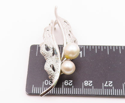 925 Silver  Vintage Cultured Pearls Shiny Floral Leaf Brooch Pin  BP8881