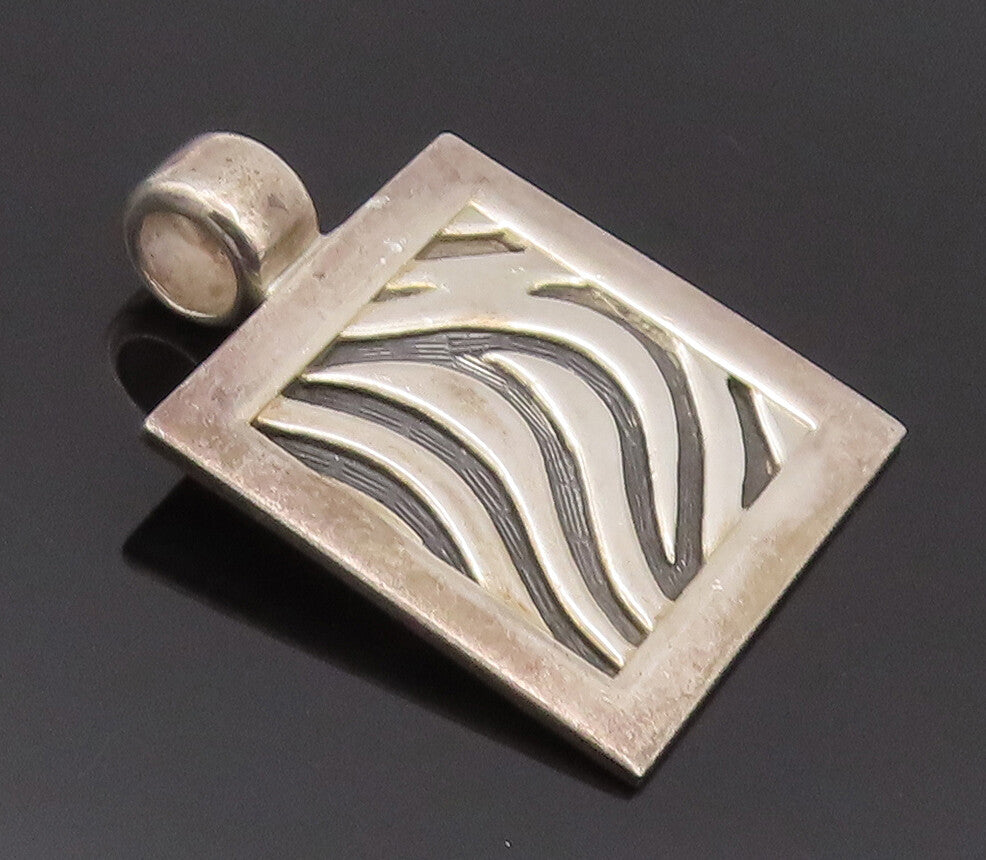 925 Sterling Silver Vintage Pendant Modernist Swirly Etched Large Square PT22667