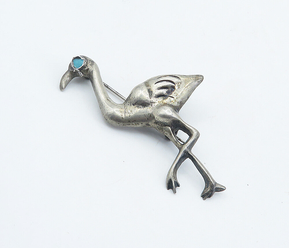 MEXICO 925 Sterling Silver Vintage Turquoise Flamingo Motif Brooch Pin BP2883