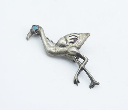 MEXICO 925 Sterling Silver Vintage Turquoise Flamingo Motif Brooch Pin BP2883