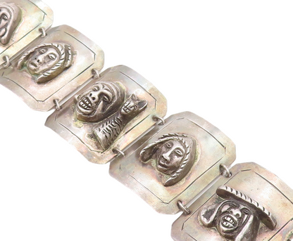 925 Sterling Silver  Vintage Antique Sculpted Faced Chain Bracelet  BT2079