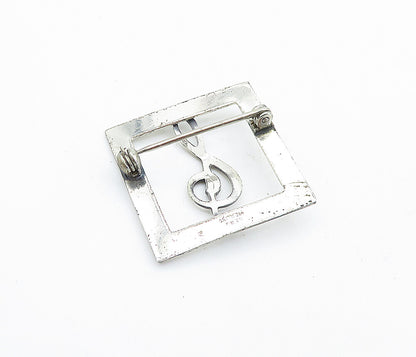 BEAU 925 Sterling Silver  Vintage Treble Clef Music Square Brooch Pin  BP2173