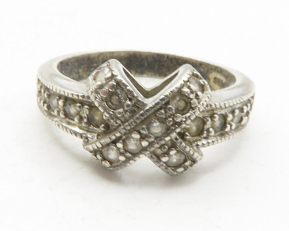 925 Sterling Silver  Vintage Topaz Crossover X Design Band Ring Sz 7  RG12099