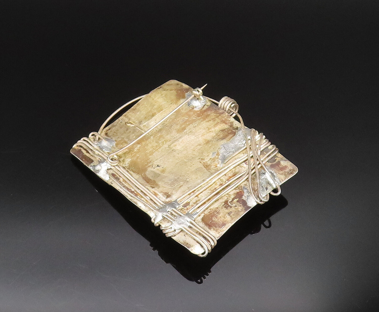 925 Sterling Silver  Vintage Wire Wrapped Modernist Amber Brooch Pin  BP9784