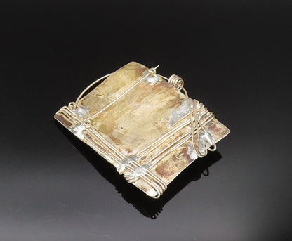 925 Sterling Silver  Vintage Wire Wrapped Modernist Amber Brooch Pin  BP9784