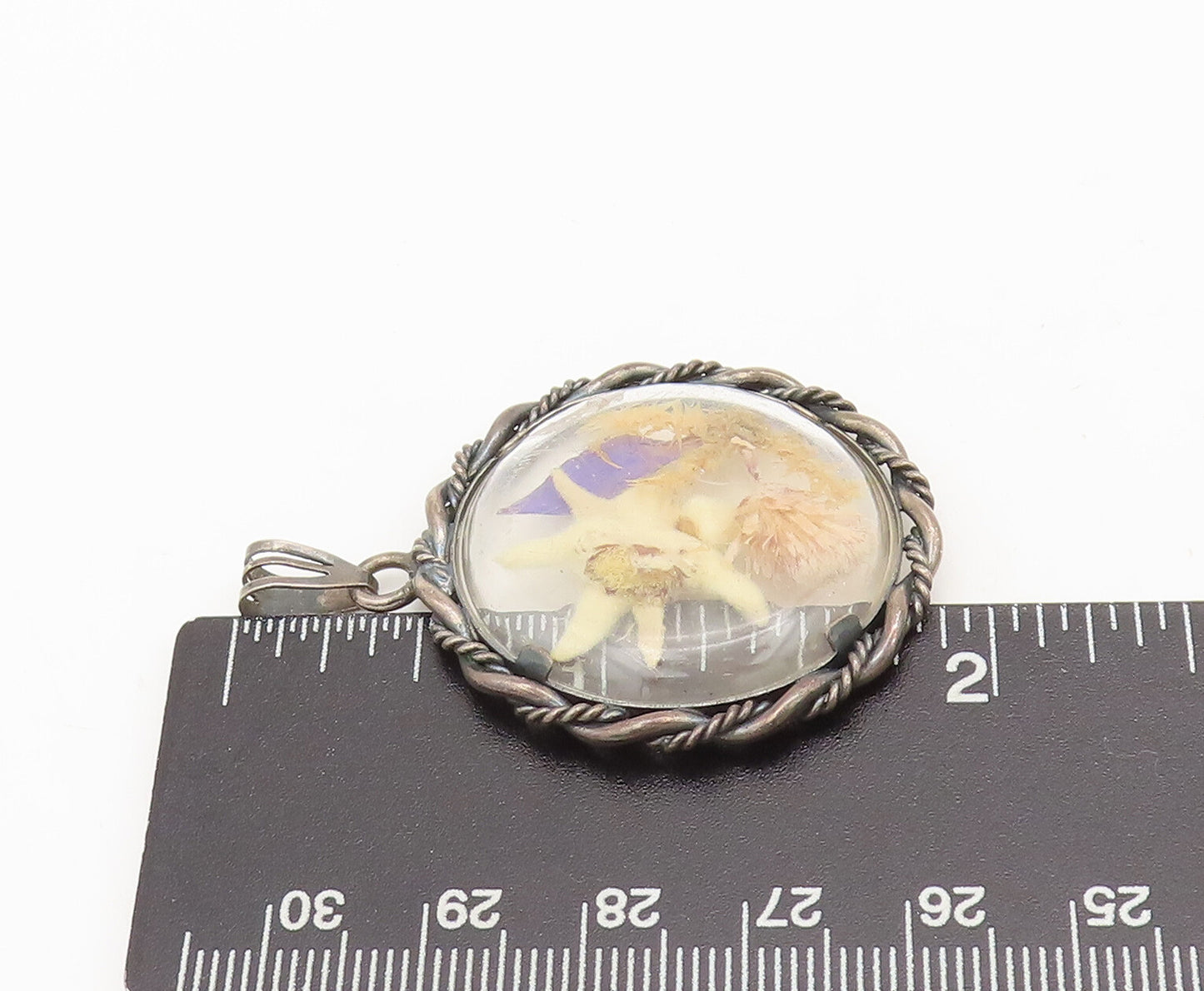 925 Sterling Silver Vintage Pendant EUROPE Antique Carved Dried Flowers  PT22494