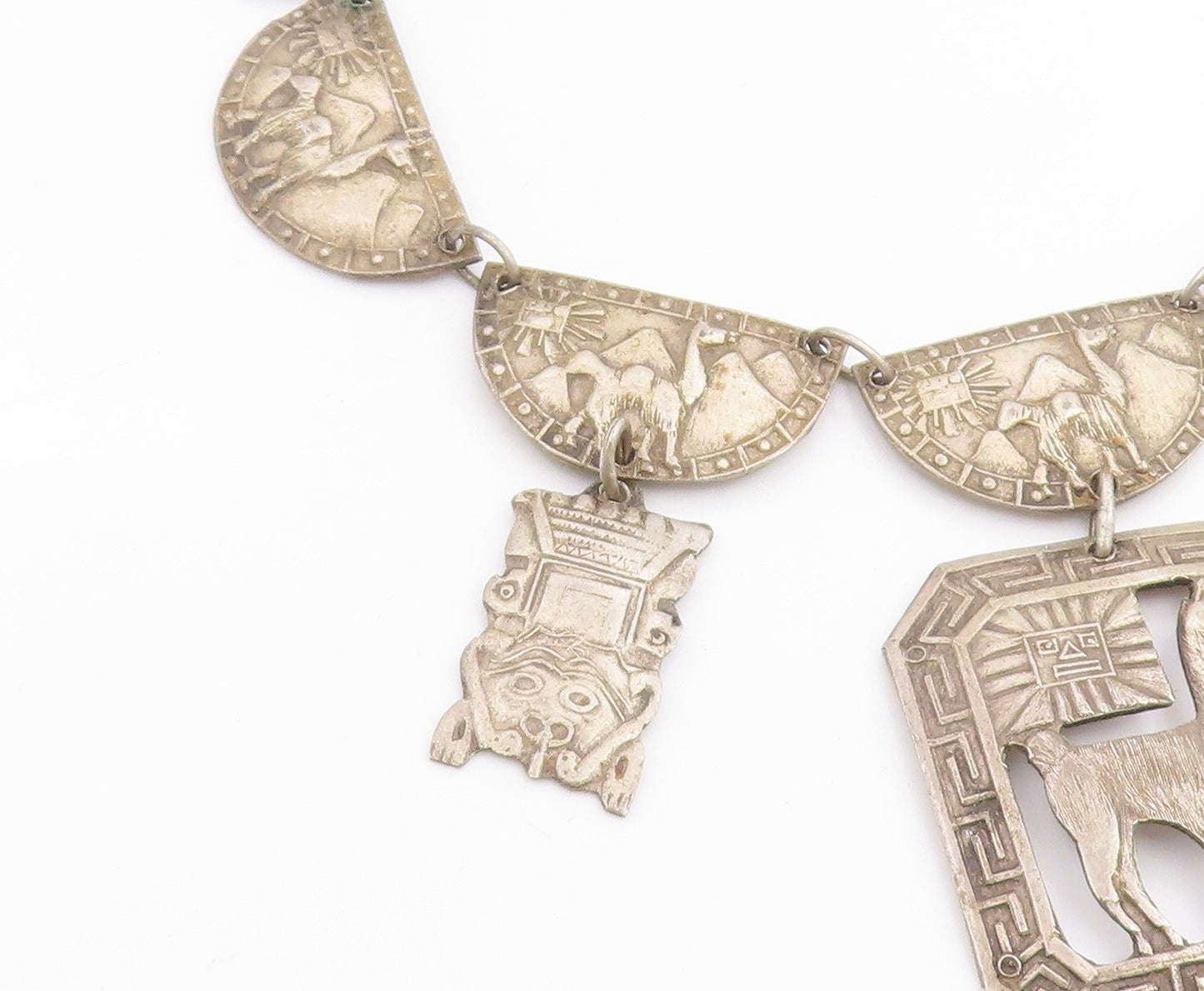 925 Sterling Silver Vintage Necklace PERU Llama & Sun Motif Panel Link  NE4873